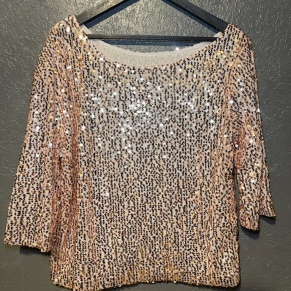Ladies Rose Gold‎ Heavily Sequined Short Sleeve Shirt Top Sz L - Picture 1 of 2